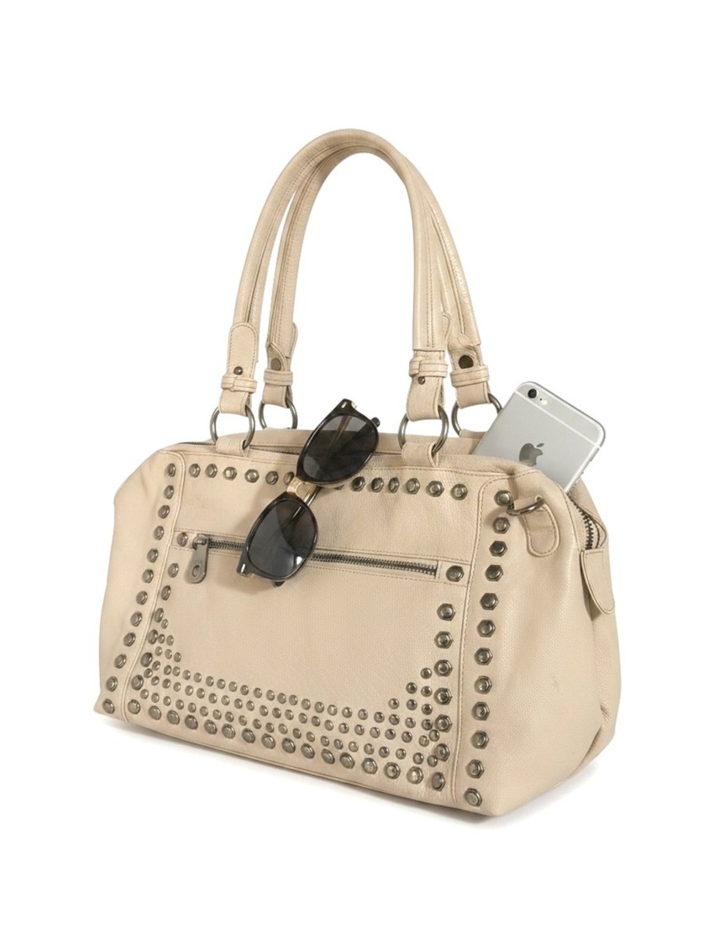 Joelle Hawkens Beige Leather Studded Shoulder Bag